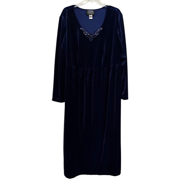 MORE JAZZ Dresses & Skirts - Vtg More Jazz Velvet Choir Dress Navy Blue Long Sleeve Formal Maxi Dress 18